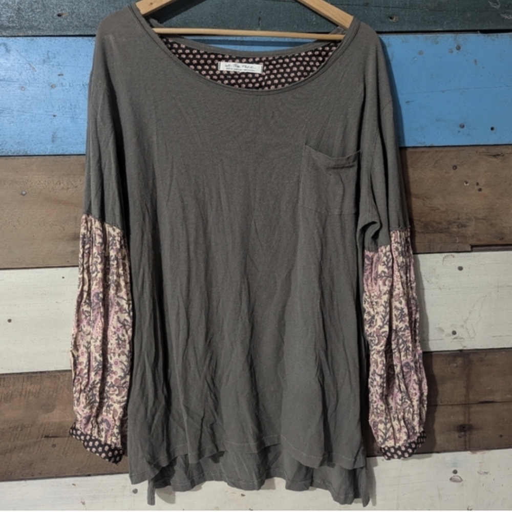 We The Free Top Womens Medium Green Floral Two Tone Puff Sleeve Tunic Oversize D